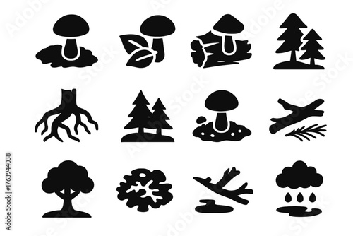 Forest Mushroom Icons. Solid style icons of Forest mushroom habitat: moss patch, leaf litter, rotting log, tree roots, shady grove
