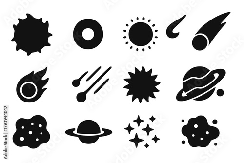 Cosmic Icons Collection. Solid style icons of Cosmic objects: red giant, white dwarf, neutron star, comet, solar flare, meteor