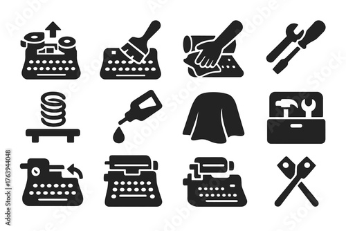 Typewriter Maintenance Icons. Solid style icons of Typewriter Maintenance: ribbon replacement, key cleaning brush, platen polish,