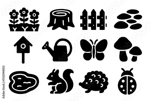 Garden Icons Collection. Solid style icons of Garden Scene: flower bed, tree stump, garden fence, stone path, birdhouse, watering