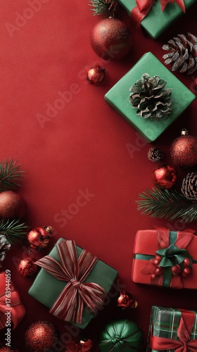 Festive Gift Wrapping Arrangements With Red and Green Decorations for the Hol...