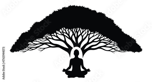 Silhouette of a person meditating peacefully beneath a sprawling tree