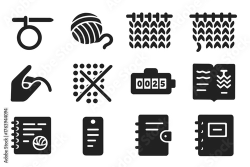 Knitting Icons Collection. Solid style icons of Knitting in progress: cast-on loop, working yarn, stitch row, live stitches,
