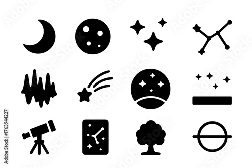 Night Sky Icons. Solid style icons of Night sky features: crescent moon, full moon, starry sky, zodiac constellation, aurora