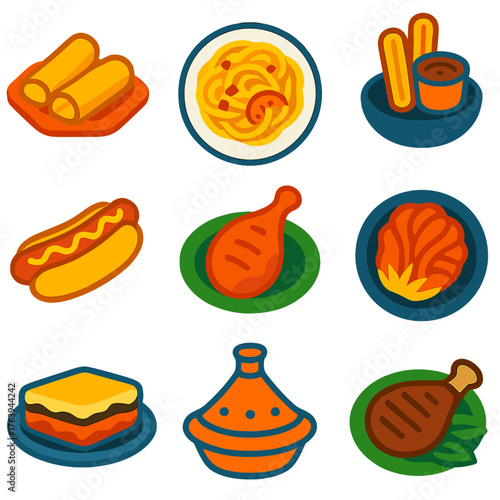 Global Cuisine Icons. Flat vector icons of international cuisine and world foods: Chinese spring rolls, Italian pasta carbonara,