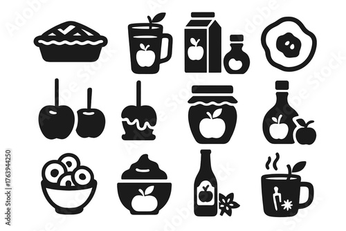 Apple Product Icons. Solid style icons of Apple Products: apple pie, apple cider, apple juice, dried apple, candied apple, caramel