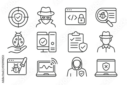 Ethical Hacking Icons. Line style round icons of ethical hacking & testing: penetration test, hacker hat, secure code,