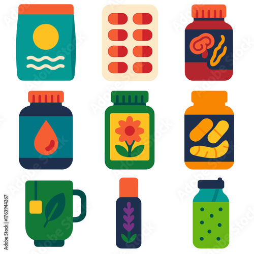 Vibrant Health Icons. Flat vector icons of health supplements and natural remedies: magnesium bath flakes pack, vitamin A capsule