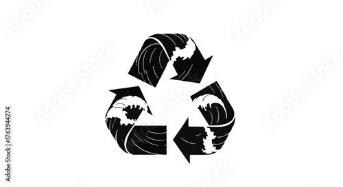 Recycling symbol with powerful ocean waves, representing environmental protection and sustainability