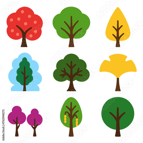 Vibrant Tree Icons. Flat vector icons of deciduous trees: vibrant cherry with branch dots, smooth-limbed walnut, golden catalpa