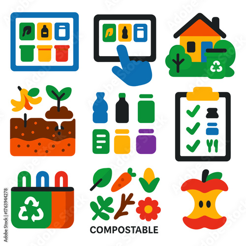 Eco Waste Icons. Flat vector icons of waste sorting and recycling systems: home waste separation chart, touch panel sorting