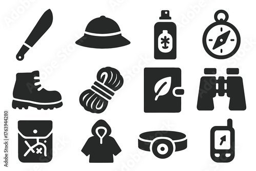 Rainforest Exploration Icons. Solid style icons of Rainforest exploration gear: machete, explorer hat, bug spray, compass, hiking