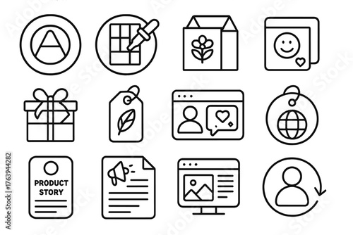 E-commerce Brand Icons. Line style round icons of brand identity in e-commerce: logo icon, brand palette, packaging design, thank