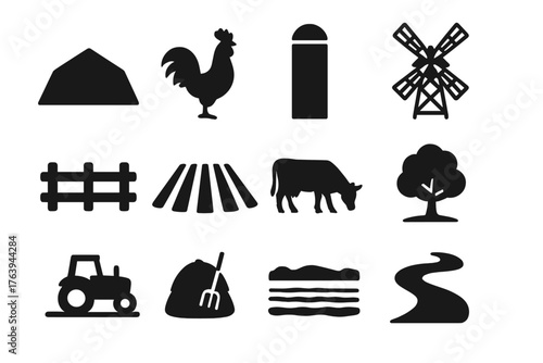 Rural Icons Silhouettes. Solid style icons of Rural Silhouettes: barn roof, standing rooster, silo, windmill, fence line, crop