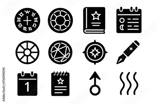 Horoscope Tools Icons. Solid style icons of Horoscope Tools: zodiac chart, natal wheel, ephemeris book, planetary calendar, house