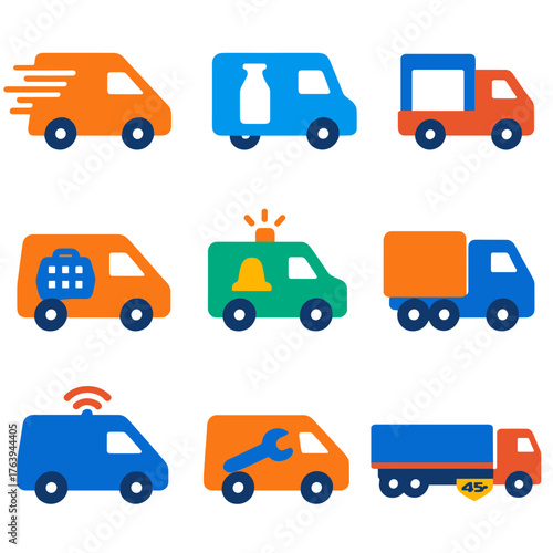 Colorful Flat Vehicle Icons. Flat vector icons of van, truck and lorry: express shipping van with motion lines, milk delivery