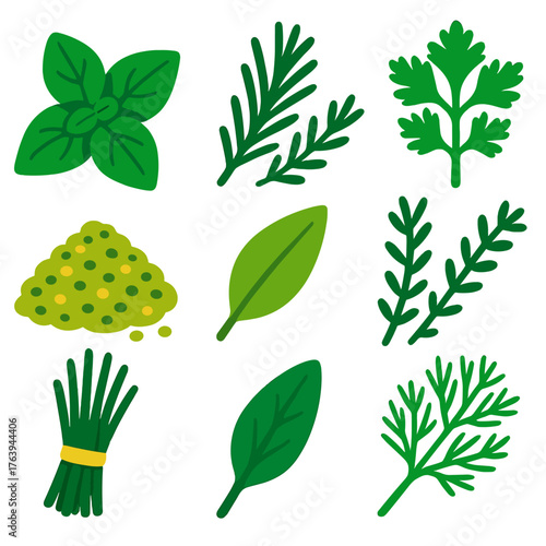 Colorful Herb Icons. Flat vector icons of kitchen herbs and cooking spices: basil leaves, rosemary sprigs, parsley bunch. Dried