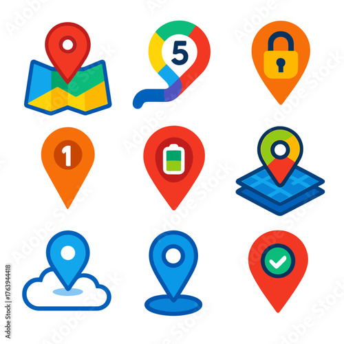 Colorful Navigation Pins. Flat vector icons of navigation pins: navigation pin inside digital map fold, rainbow-colored route pin, Free Download Colorful Navigation Pins. Flat vector icons of navigation pins: navigation pin inside digital map fold, rainbow-colored route pin, - GFXLoad