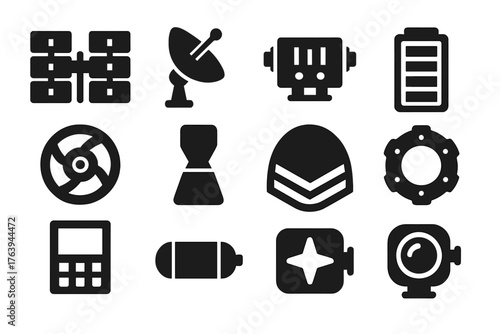 Satellite Components Icons. Solid style icons of Satellite Components: solar array, dish antenna, transponder, battery pack,