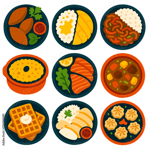 International Cuisine Icons. Flat vector icons of international cuisine and world foods: Syrian kibbeh platter, Thai mango sticky
