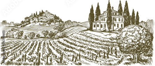 Vintage Illustration of a Tuscan Countryside Landscape with Vineyard Fields and Villas on Rolling Hills