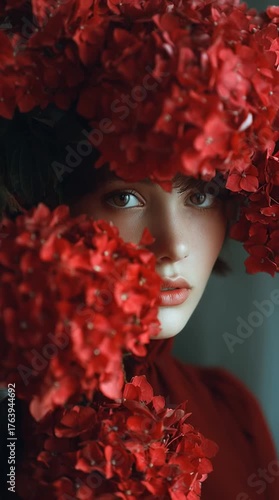 Portrait of a young woman surrounded by vibrant red hydrangea flowers. Artistic composition with soft lighting and natural beauty. Concept of femininity, elegance, and floral harmony.