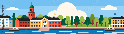 Colorful townscape illustration with trees and river