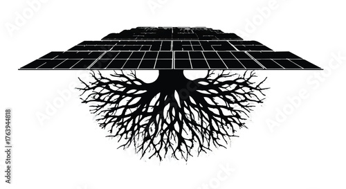 Symbolic representation of renewable energy, with solar panels forming a canopy above tree roots.
