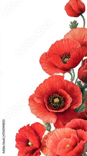 Bright Red Poppies Bloom Against a Clean White Background in a Delicate Flora...