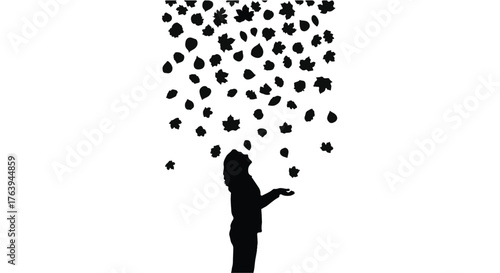 Person silhouetted against white background, looking up as dark autumn leaves fall around them.