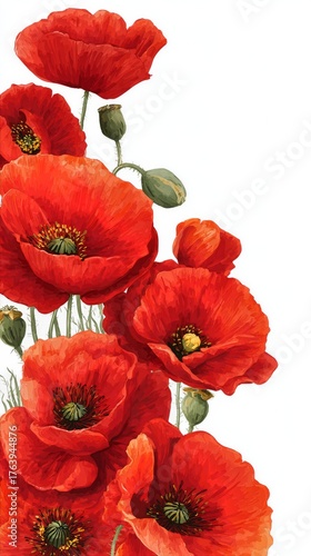 Bright Red Poppies Bloom Against a Clean White Background in a Delicate Flora...