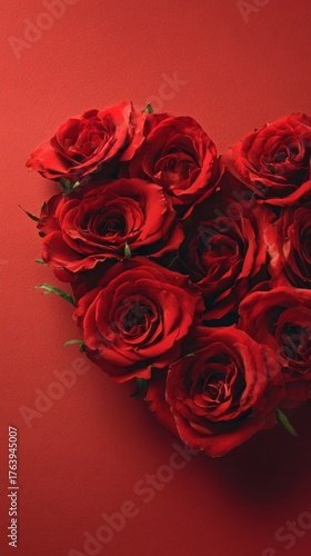 Beautiful Red Roses Arranged in a Heart Shape on a Vibrant Red Background
