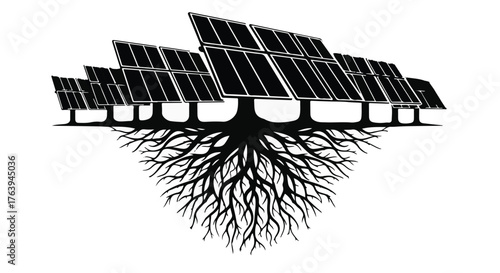 Solar panels rooted like trees, symbolizing sustainable energy growth
