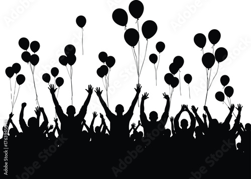 Joyful silhouette crowd releasing balloons into a sky of celebration
