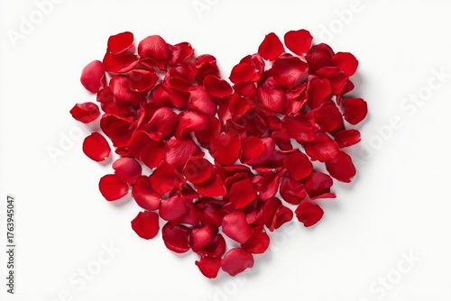 Red Rose Petals Shaped Into a Heart on a White Background for Romantic Occasions