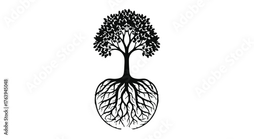 Stylized tree with heart-shaped roots symbolizing growth, life, and connection