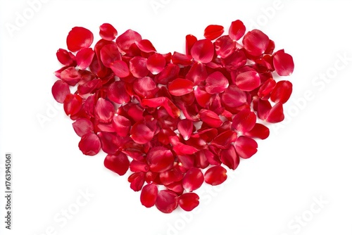 Red Rose Petals Shaped Into a Heart on a White Background for Romantic Occasions