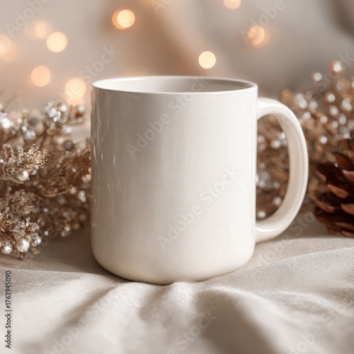 Cozy Coffee Mug Surrounded by Festive Decorations on a Soft Blanket