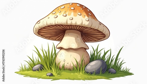 Cartoon mushroom drawing illustration on white. Edible mushroom grow in green grass with stones. Nature element, fairy tale, fantasy, forest, wild, season theme. For kids, design, books, education,