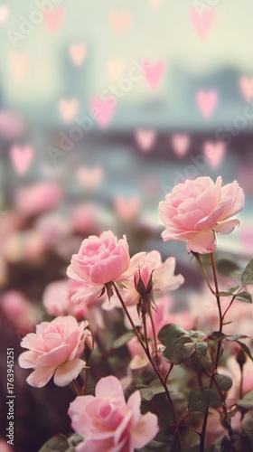 Beautiful Pink Roses Blooming in a Garden With a Soft Heart Backdrop in the A...