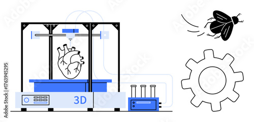 3D printer creating a heart model, outlined gear and a flying bug, tubes conveying science, innovation. Ideal for education, technology, biology, medicine, progress problem-solving and simple flat
