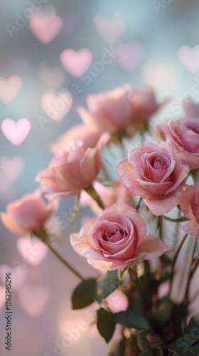 Beautiful Pink Roses Blooming in a Garden With a Soft Heart Backdrop in the A...