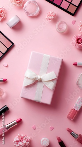 Gift Package Surrounded by Pink Cosmetics and Floral Decorations on a Soft Su...