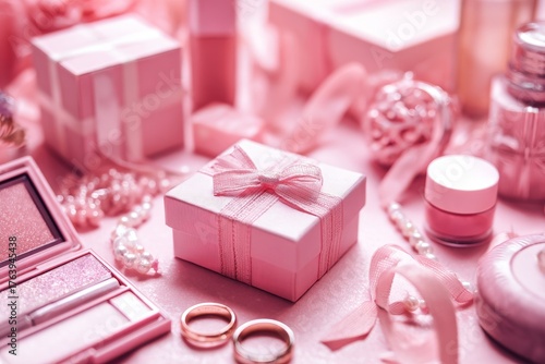 Beautiful Pink Gifts and Cosmetics Arranged Elegantly on a Soft Surface