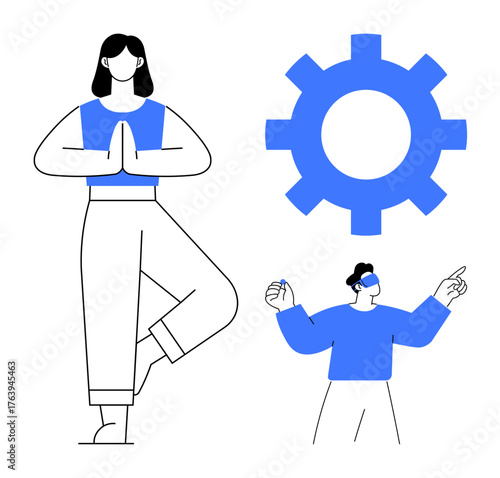 Woman practicing yoga pose, man presenting confidently, large gear symbolizing productivity and teamwork. Ideal for mindset, balance, focus, leadership, teamwork innovation personal growth. Clean
