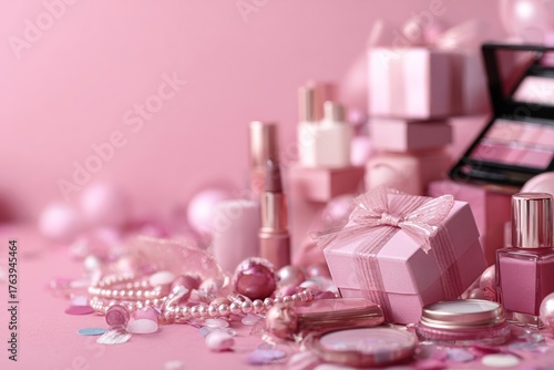 Beautiful Pink Gifts and Cosmetics Arranged Elegantly on a Soft Surface