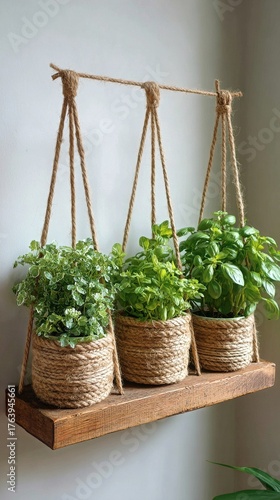 Stylish Hanging Planter With Herbs in Natural Look and Warm Lighting in Moder...