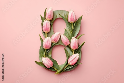 Floral Number Made of Pink Tulips and Green Leaves on a Soft Pink Background