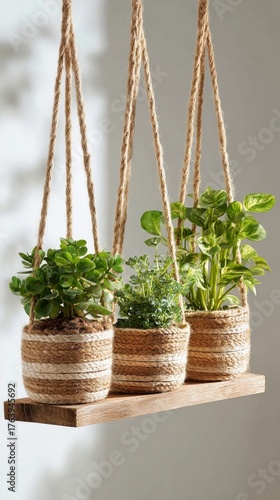 Stylish Hanging Planter With Herbs in Natural Look and Warm Lighting in Moder...