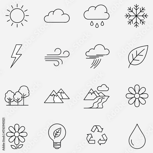 Collection of Weather and Nature Icons - Sun, Clouds, Rain, Snow, Lightning, Wind, Leaf, Mountains, River, Flower, Light Bulb, Recycle Symbol, Water Drop